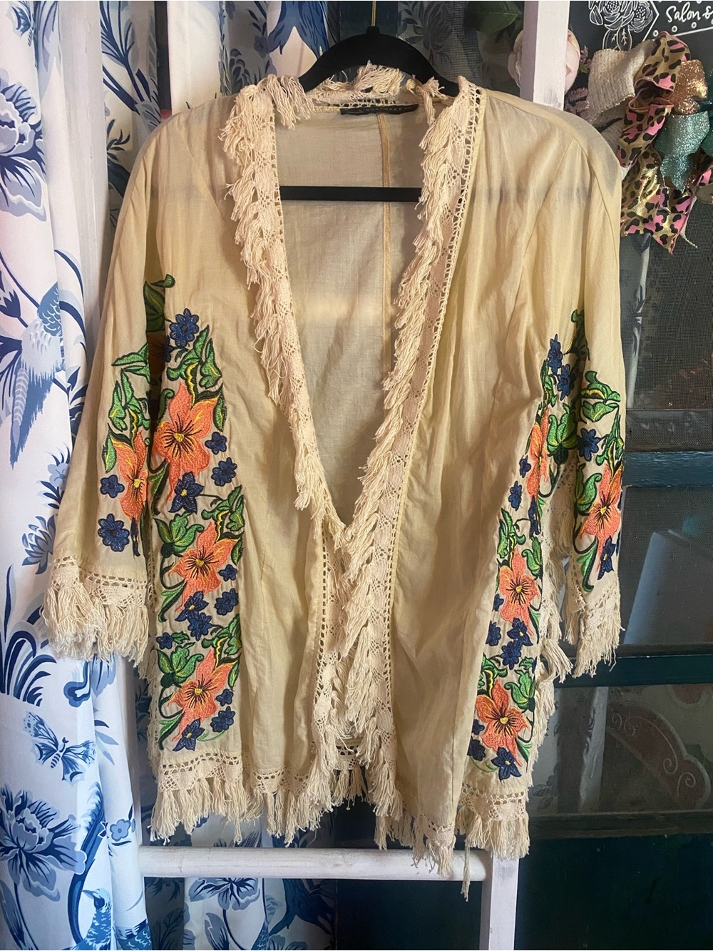 Signature8 Cream Boho Fringe Kimono with Orange & Blue Floral Embroidery